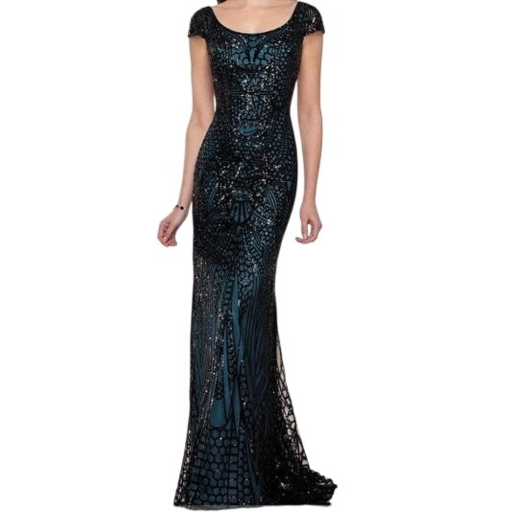 NWT Montage by Mon‎ Cheri Teal Black Sequin Sheath Gown Style 216972 Size 4